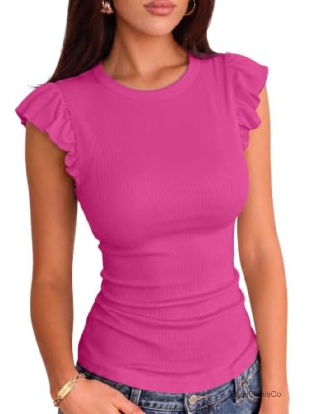 Ribbed Knit Ruffle Cap Sleeve Slim Fit Crew Neck T-Shirt Summer Work Top